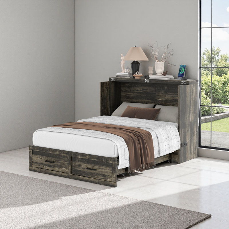 Armoire murale avec station de charge Murphy, Gris rustique, Lit double