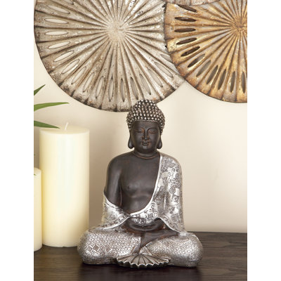 Polystone Meditating Buddha Decorative Silver Sculpture with Engraved Carvings and Relief Detailing