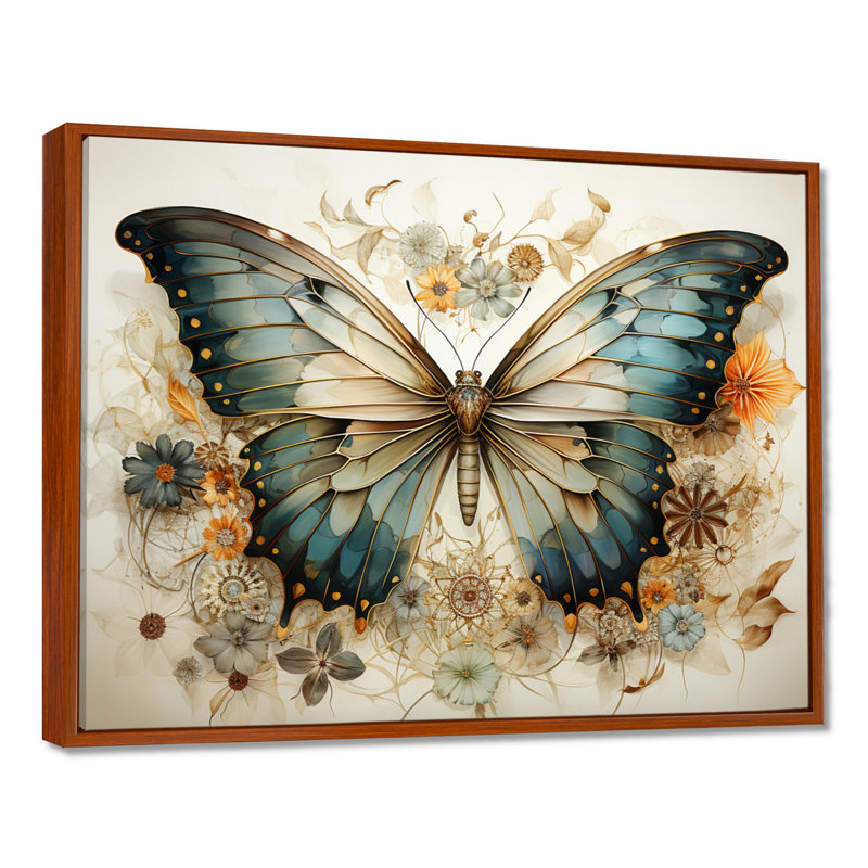 Papillon beige sarcelle, motifs complexes - art mural papillon, H 30 po x l 40 po x P 1,5 po, Cadre flottant brun