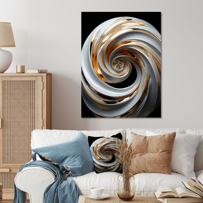«White and Gold Spiraling Abstraction», art mural abstrait en spirale en métal, H 20 po x l 12 po x P 1 po