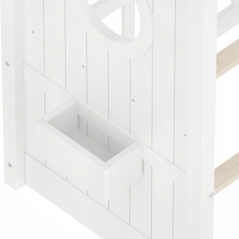 Lit sur pied pour enfant, lit Montessori avec tablette de rangement, lit de jeu avec toit, Lit simple, Blanc