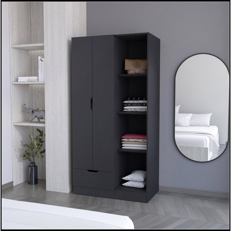 Armoire Redmond avec tiroir simple, 4 tablettes de rangement et tringle