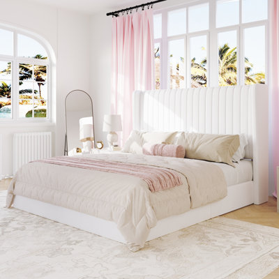 Velvet Hydraulic Lift Up Storage Upholstered Platform Bed With Wooden Slats And Vertical Stripes Wingback Headboard