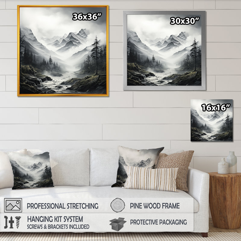 Paysage de montagnes blanches brouillard II - fruits, art mural, Cadre flottant doré, H 36 po x l 36 po