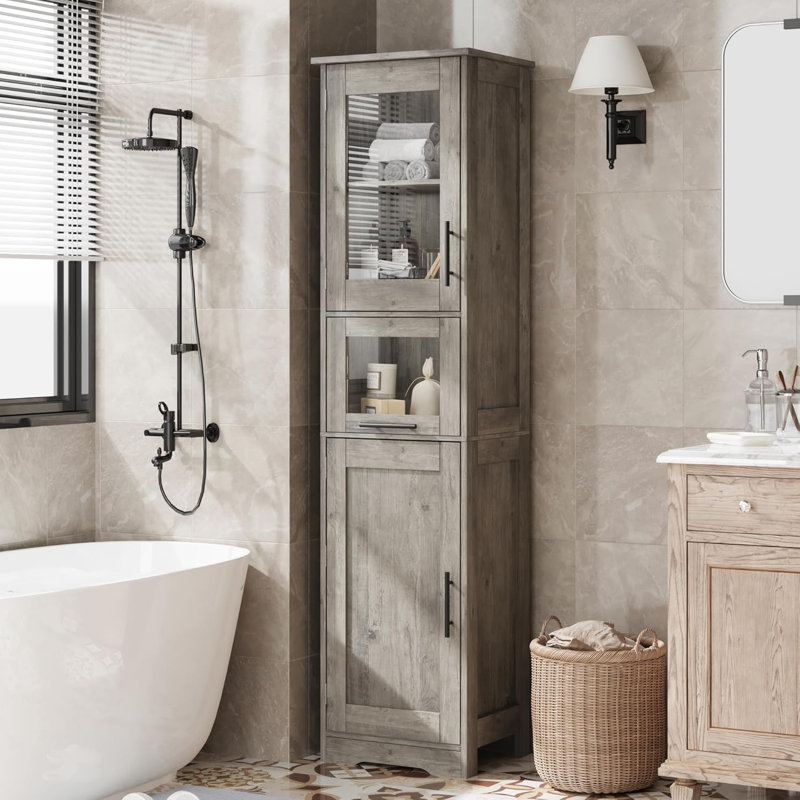 Armoire de salle de bain de 67 po de hauteur, armoire de rangement étroite avec portes et tablette réglable, armoire de plancher mince
