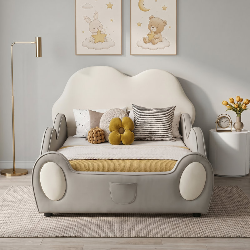 Twin Cloud Kids Bed, Leather Upholstered, Solid Wood Frame, Storage Pocket, Easy Assembly, Beige