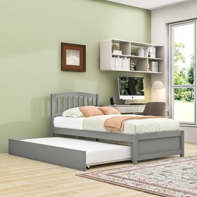 Twin Wooden Platform Bed with Twin Trundle and Headboard