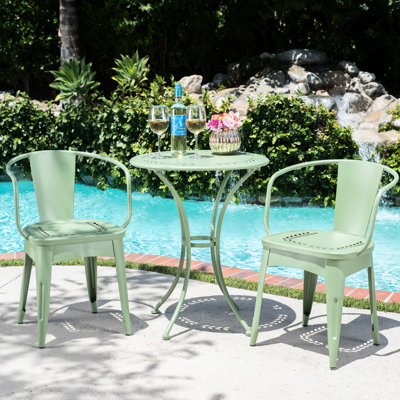 Ensemble bistro extérieur en fer forgé, 3 pièces, métal, couleur eau, table carrée de 61,7 cm et chaises, hauteur de 74,9 cm, poids de 15,1 kg. Dimensions : hauteur, largeur, profondeur.