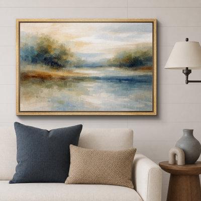 Soft Blue Green Lake Landscape Artwork, Modern Bedroom Pictures, Framed Canvas Giclee Print Wall Art