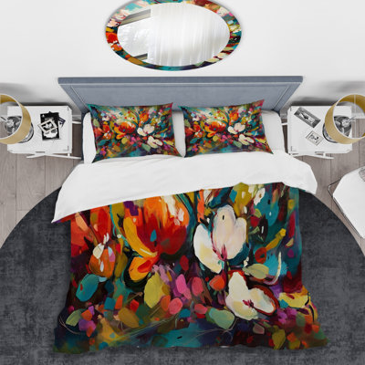 Traditional Comforter Set of 4 - Red Vibrant Garden Symphony III Bedding And Throw Pillow Set