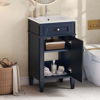 Ensemble de meuble-lavabo simple de 18 po avec lavabo en céramique, ensemble de meuble-lavabo autoportant avec porte à fermeture douce, tablette réglable, style français, pieds pleins