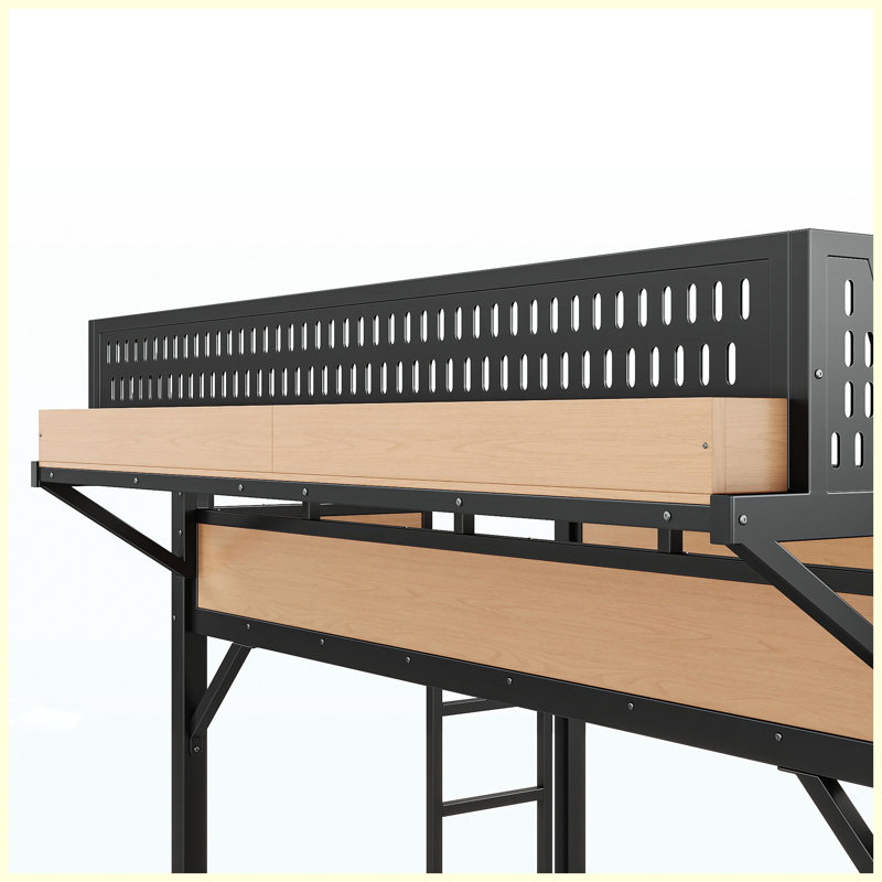 Lit simple mezzanine en métal naturel avec glissière, tablettes de rangement, garde-robe intégrée et lumières DEL