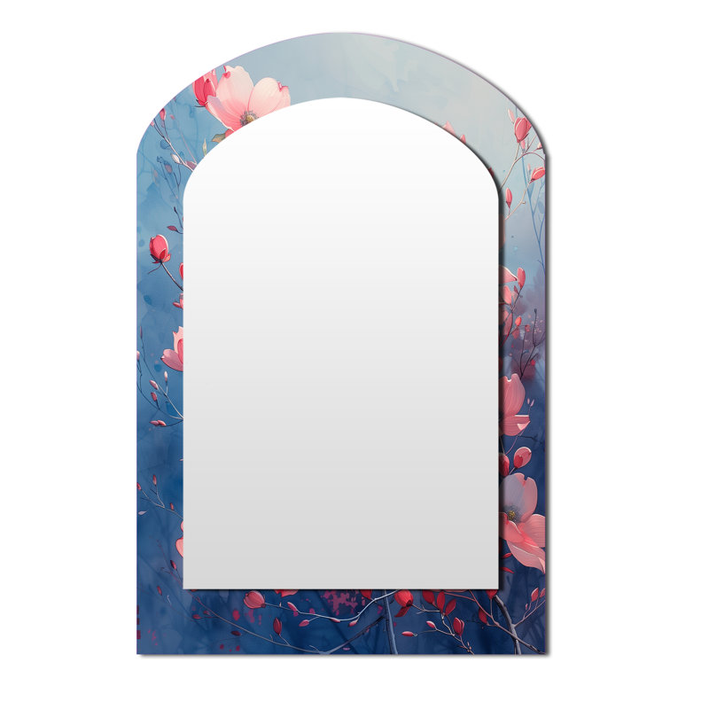 Pink Blue Garden Of Dreams Dogwood IV - Dogwood Arch Large Wall Mirror, Traditional Asymmetrical Unique Mirror, Printed Metal Art