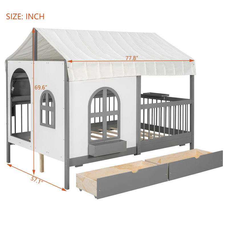 Full Size House Bed with 2 Storage Drawers, Side Bookshelf & LED Light Strip for Kids & Teens — Gray, Gray