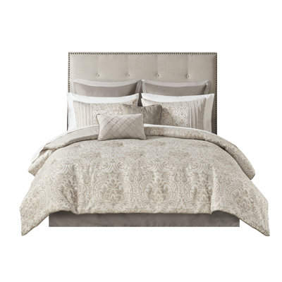 12 Piece Bed In Khaki For King, Featuring Gold Metallic , Machine - Washable Comforter And Pillow Cases With Thread, Decorative Pillows