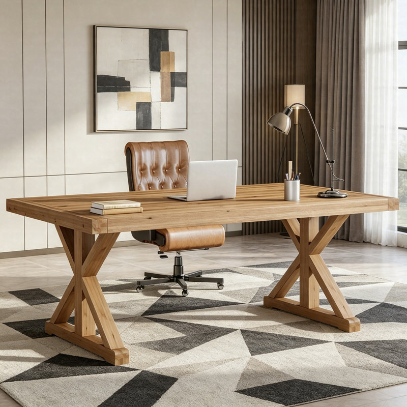 Bureau de direction 63 po en bois massif rustique, bureau d'ordinateur avec support en X