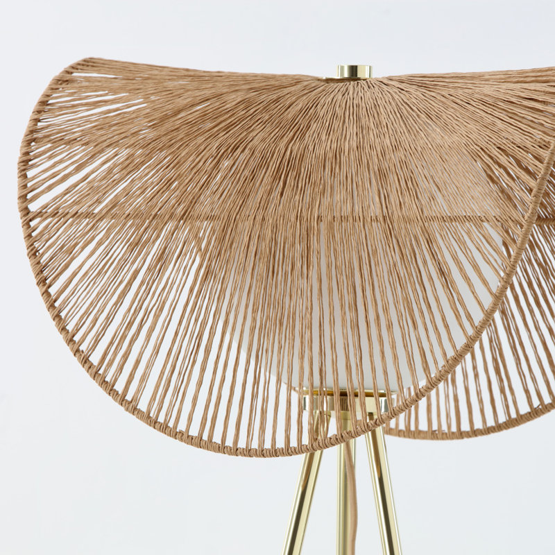 Adjustable Brass Tripod Floor Lamp with Rattan Shade
