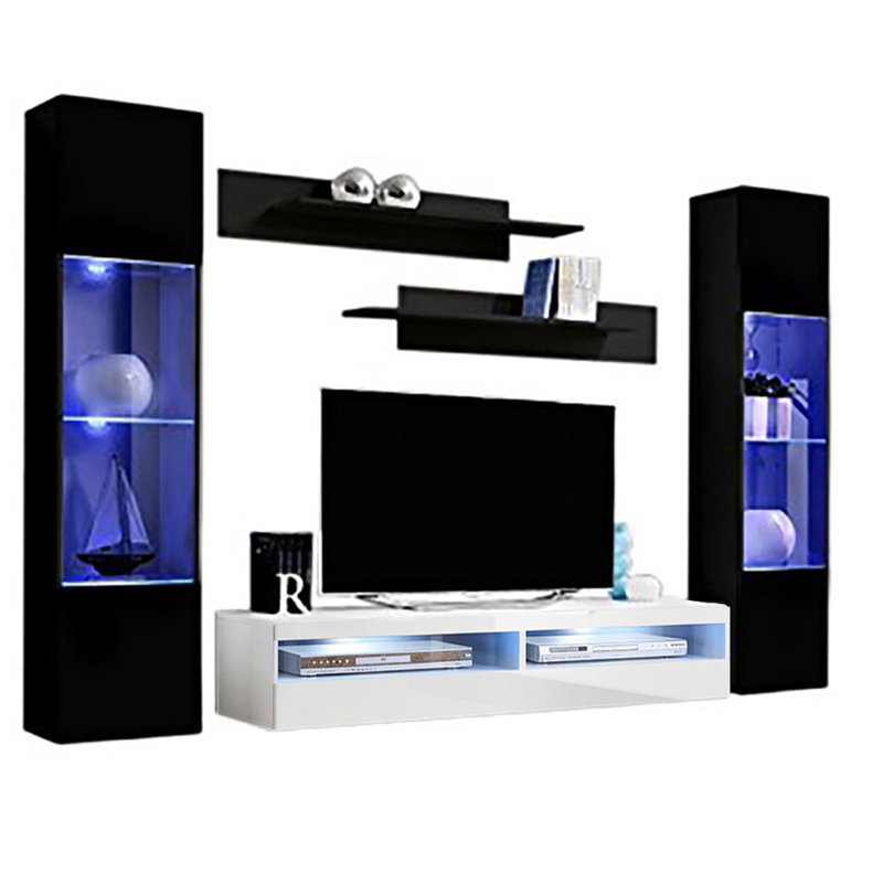 100" Modern Floating Wall Mounted Entertainment Center with 16-Color LED Lighting, High Gloss Finish, Black/White
