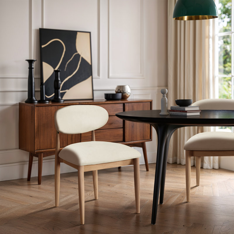 Westerfeld Eligah Vegan Leather Upholstered Dining Side Chair, Stained Natural / Brushed Brass, Cream