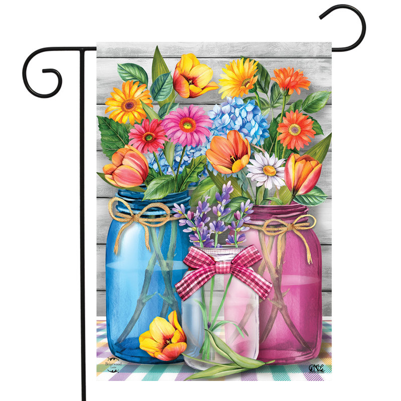 Printemps, pots de fleurs, drapeau de jardin rustique
