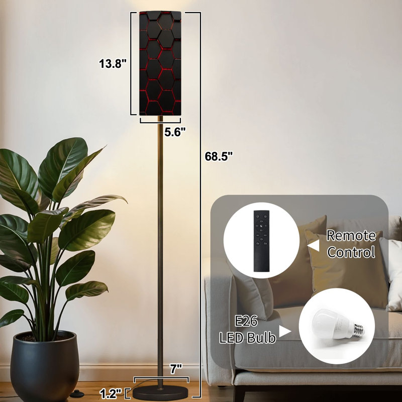 Lampe sur pied hexagonale grise rouge moderne à rendu 3D à intensité variable avec télécommande et pédale abat-jour abat-jour grand lampadaire pour salon chambre bureau