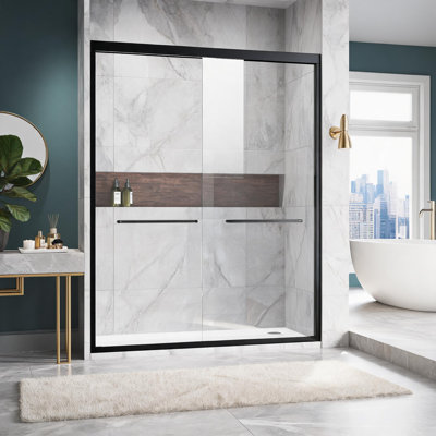 Porte de douche coulissante semi-sans cadre, largeur ajustable de 44 à 48 pouces, finition noire, verre trempé transparent et poignées en acier inoxydable