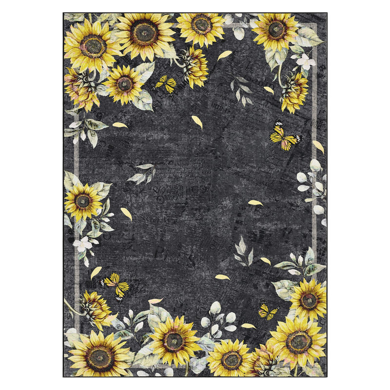 Sun flower Floral Machine Washable Rug Soft Non Slip Low Pile Foldable Thin Carpet for Living Room Bedroom Nursery Kids Room