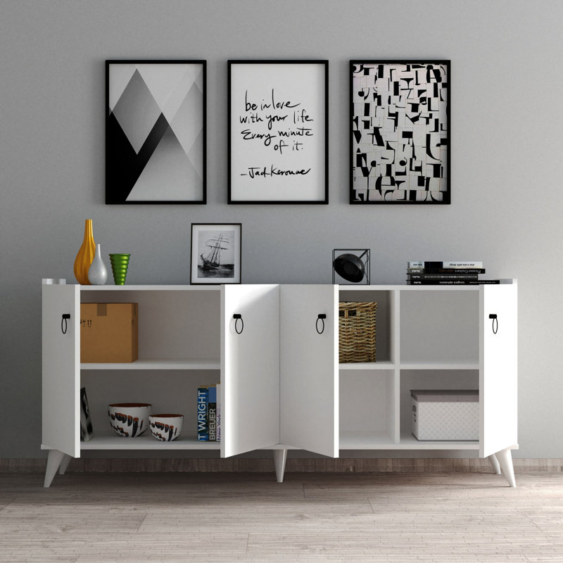 Console moderne blanche avec de nombreuses tablettes, 70,9 po x 31,2 po x 17,5 po | 100% panneau de particules enduit de mélamine, épaisseur: 0,7 pouce | Solution de rangement élégante pour le salon et le vestibule, design élégant