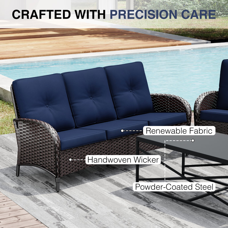 5-Person PE Wicker Outdoor Patio Set With Sofa,Chairs,Ottomans,Coffee Table & Blue Cushions, Blue