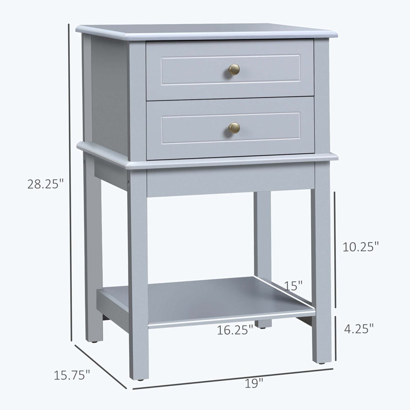 Light Gray MDF Side Table with 2 Storage Drawers and Shelf