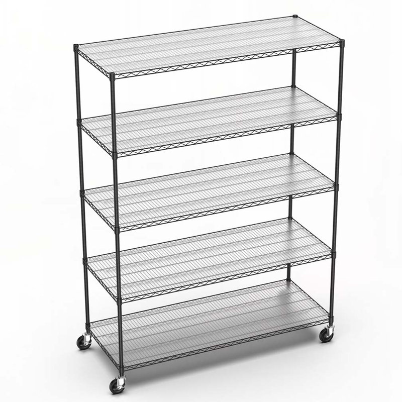 Étagère en métal à 5 niveaux avec tablettes de rangement robustes à 5 niveaux avec roues et doublures de tablette - H 82 po x L 60 po x P 24 po - Noir
