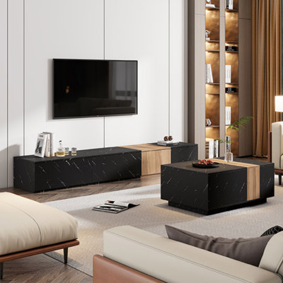 TV Stand And Coffee Table With Faux Marble, Wood Grain Finish, Set Of 2, Modern Entertainment Center For Tvs Up To 88'', Center Table With 2 Storage Drawers For Living Room (TV Stand)