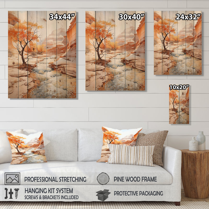 Beige pêche canyon mirage - imprimé floral sur bois de pin naturel, H 32 po x l 24 po x P 0,78 po