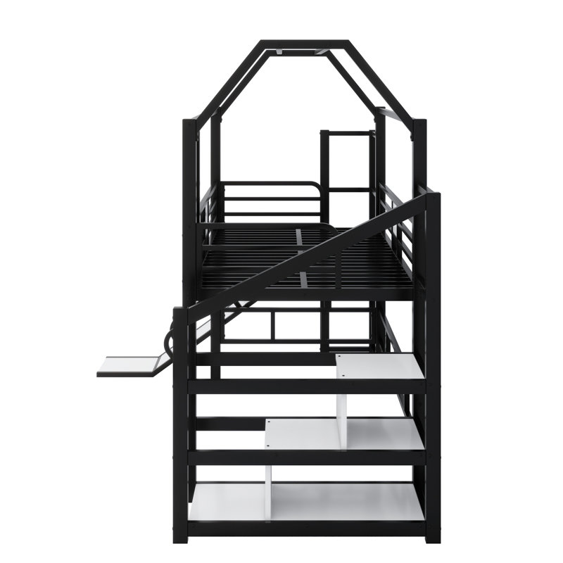 Metal House Loft Bed With Slide,Stairs And Storage Shelves, Black