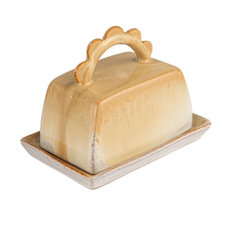 Beurrier en grès avec poignée festonnée et glaçure réactive, caramel