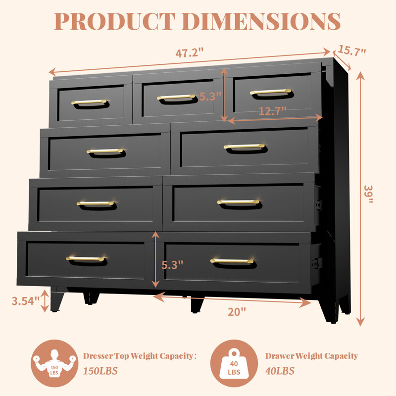 Commode 9 tiroirs en métal Bizoe, commode en acier pour salon, couloir, chambre à coucher, Black