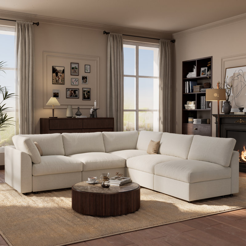 Canapé modulaire 5 pièces avec rangement 5 pièces, Chenille beige, H 100 po x l 93,5 po x l 37 po 