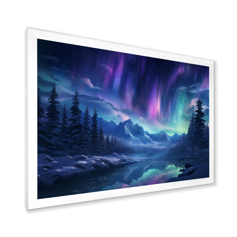 Northern Lights I - aurore boréale, art mural pour le salon, H 12 po x l 20 po x P 1 po, Cadre simple blanc