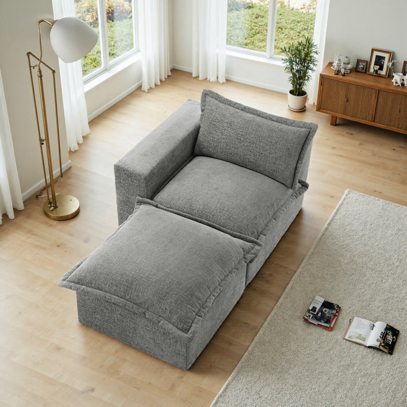 Upholstered Grey Chenille Modular Sectional Chaise Lounge with Removable Ottoman– Fully Compressed, No Assembly Required