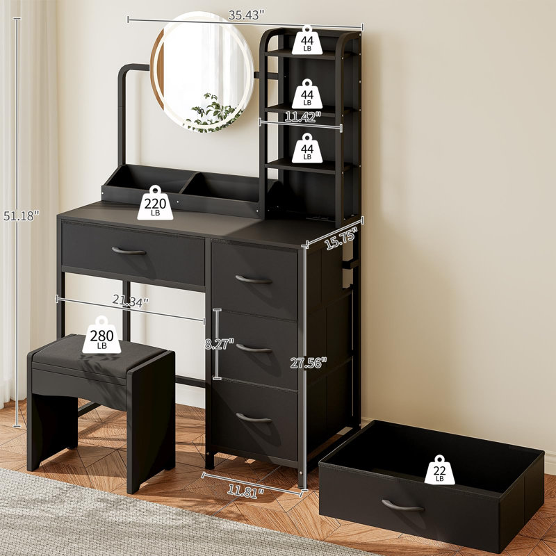 Small Vanity Desk with Lighted Round Mirror & Power Outlet, Makeup Vanity Table with 4 Fabric Drawers & 3 Shelves, Modern Dressing Table for Bedroom