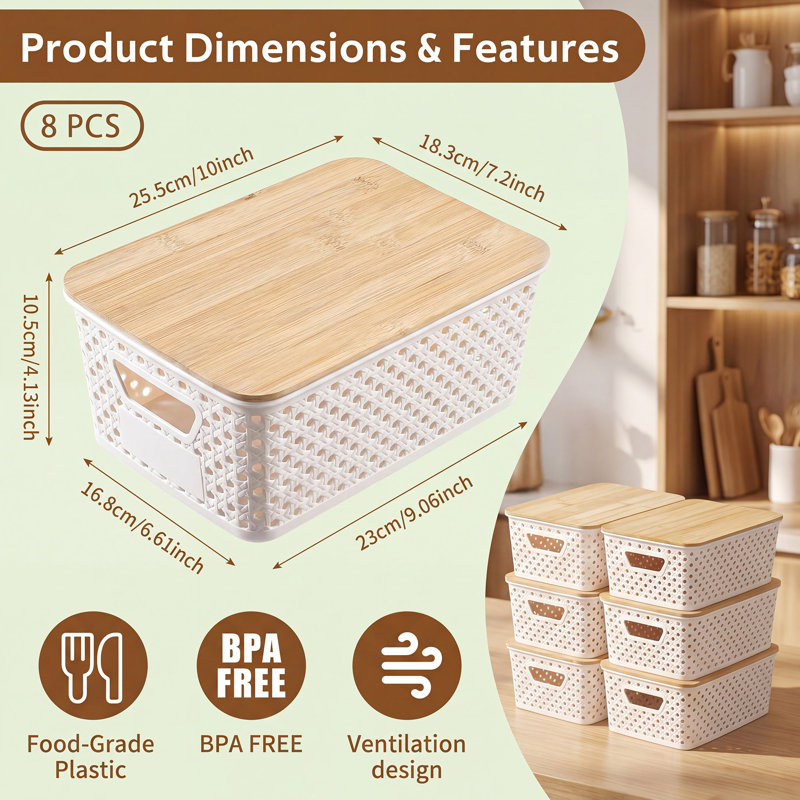 Paquet de 6 bacs de rangement en plastique blanc avec couvercles en bambou et étiquettes autocollantes, paniers de rangement ventilés pour garde-manger