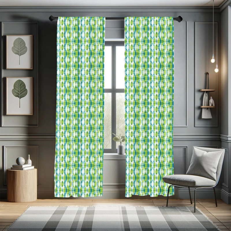 Grunge Curtains, Geometric Oval Shapes Elliptic Vertical Curves Nature Theme Pattern, Window Treatments 2 Panel Set For Living Room Bedroom Decor, Apple Green Turquoise Geometric Semi-Sheer Rod Pocket Curtain Panels