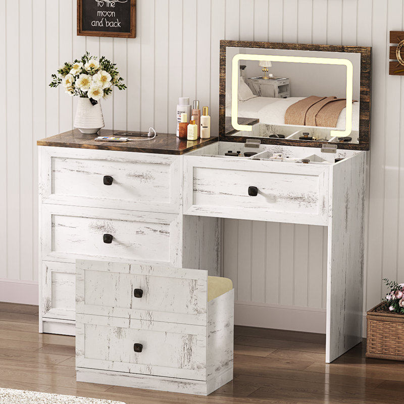 Modern Vanity Dresser With Led Mirror And Wireless Charging, White