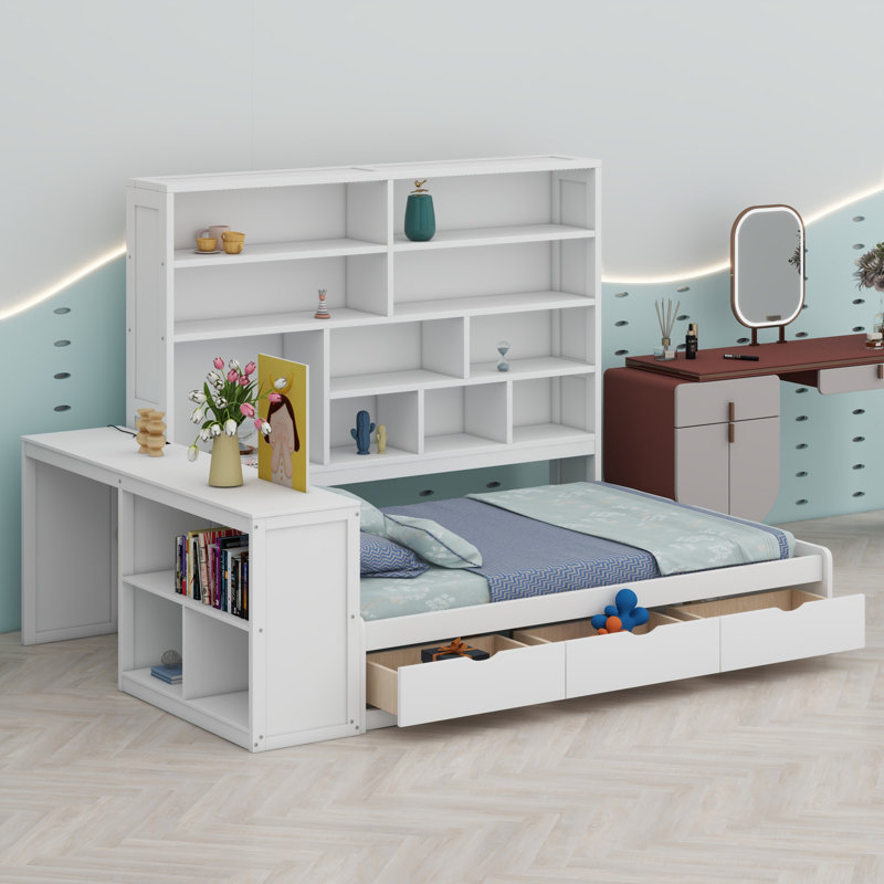 Lit de jour en bois avec trois tiroirs, bureau, tablettes et lumières, Blanc