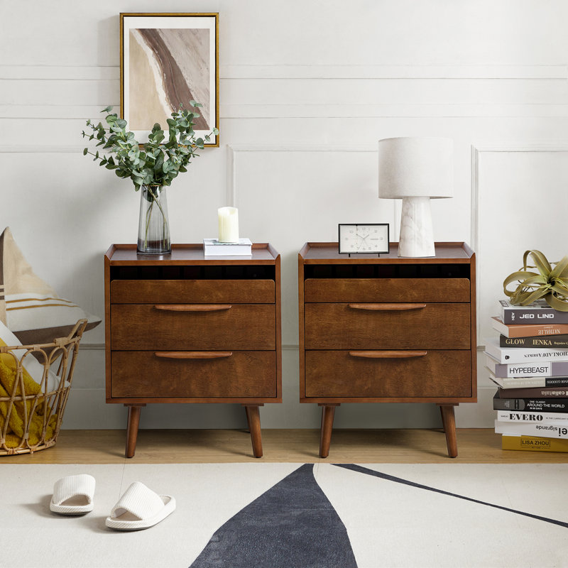 Florrie Mid-Century Modern 3 - Drawer Bedside Table with Charging Station, Walnut