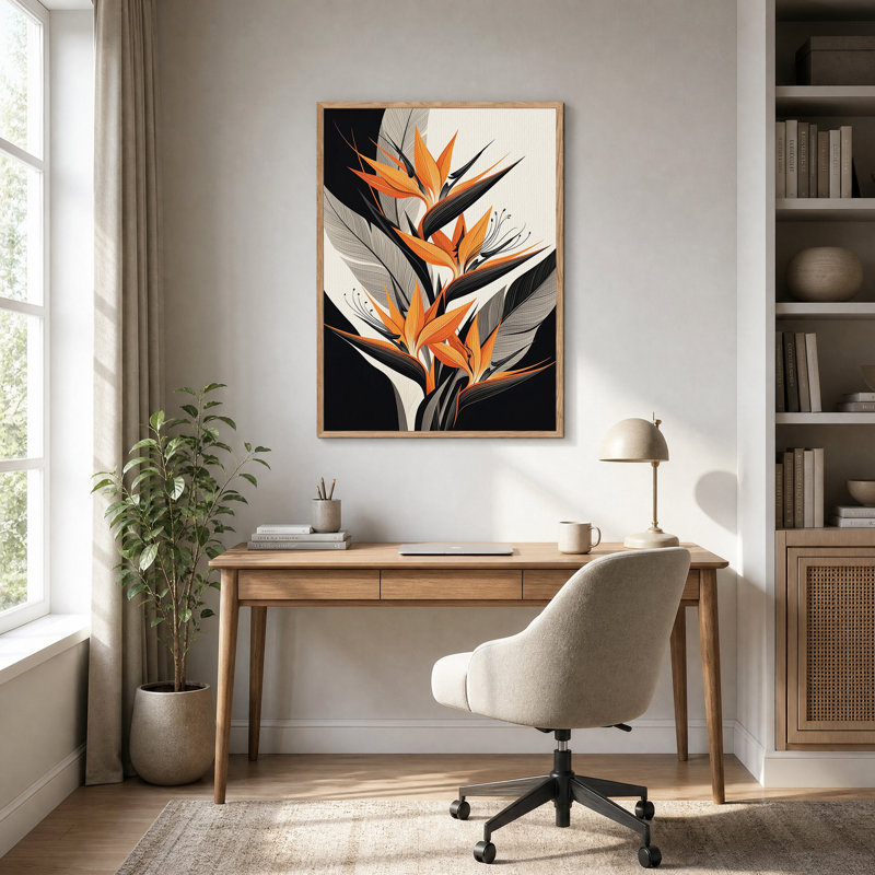 Tableau sur toile représentant des fleurs d'oiseau de paradis orange à feuilles noires, 48"H x 36"W