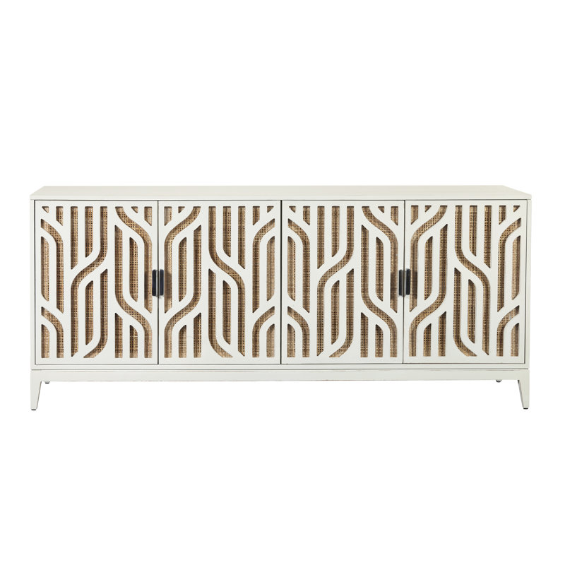 White Painted Solid Wood 4-Door Credenza with Cane Panels