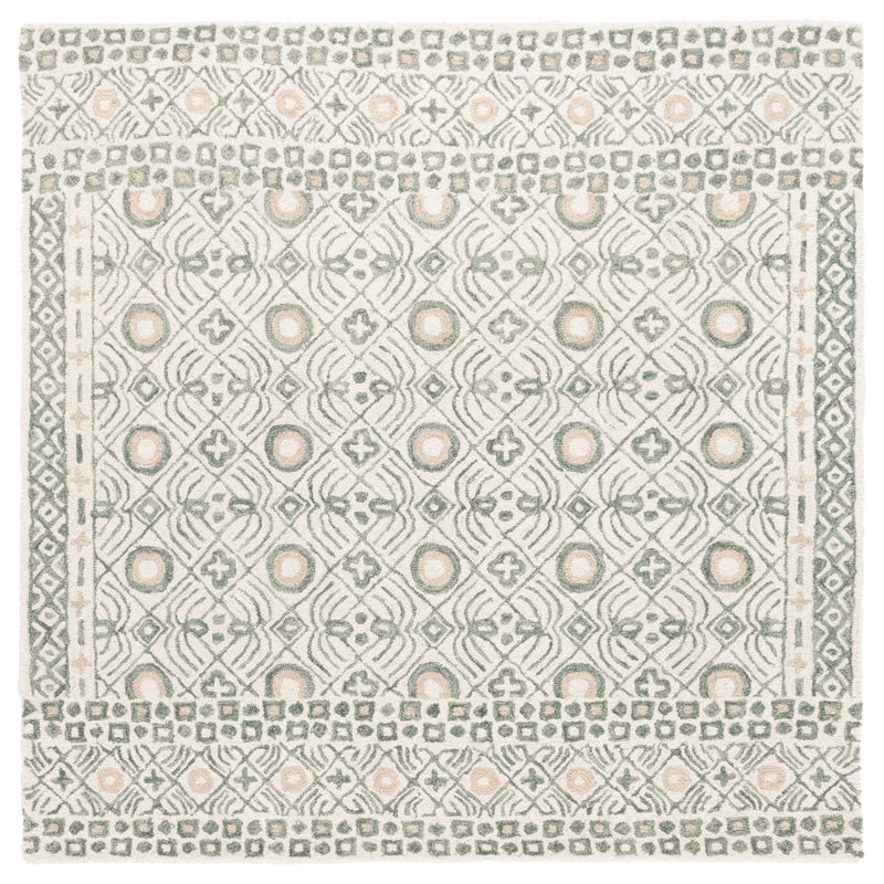 Mairah Hand Tufted Wool/Cotton Geometric Rug in Ivory/Grey, Square 5'