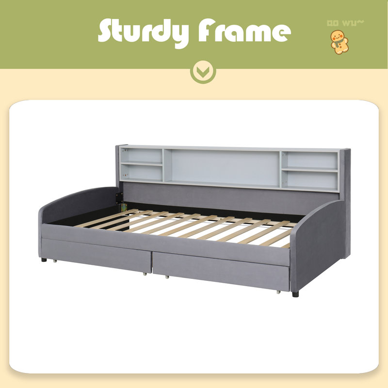 Lit plateforme simple tapissier avec rangement et tiroirs, Gris