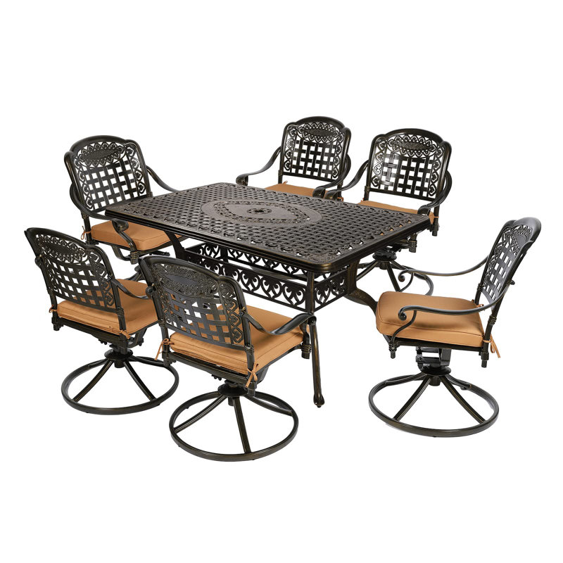 Wildon Home 7-piece Outdoor Furniture Dining Set, All-weather Cast Aluminum Patio Conversation Set, Include 6 Swivel Dining Chairs And A Rectangle Table With Umbrella Hole, khaki/green Cushion